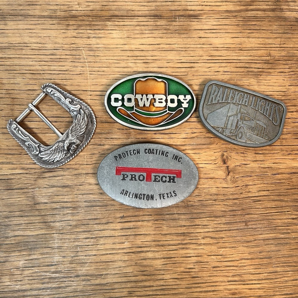 Lot Of 4 Vintage Belt Buckles Cowboy Capt Hawks Sky Patrol Raleigh Lights Advert